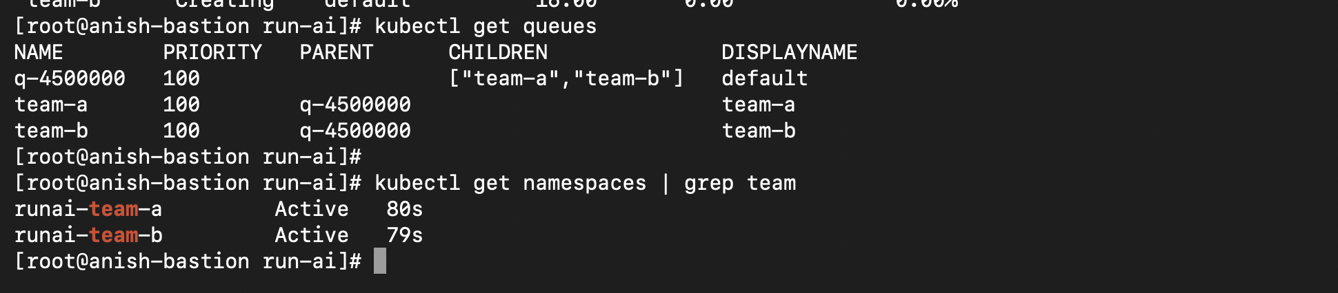 kubectl get queues and namespaces
