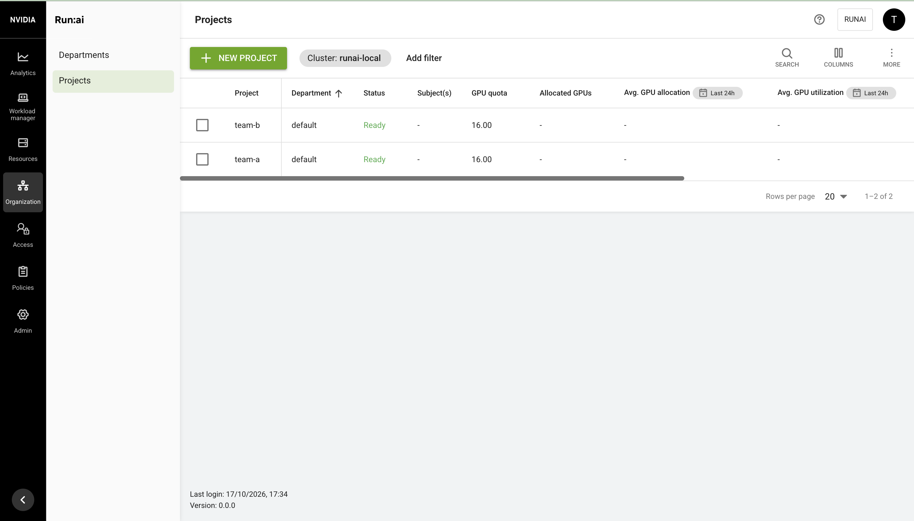 Projects page with team-a and team-b