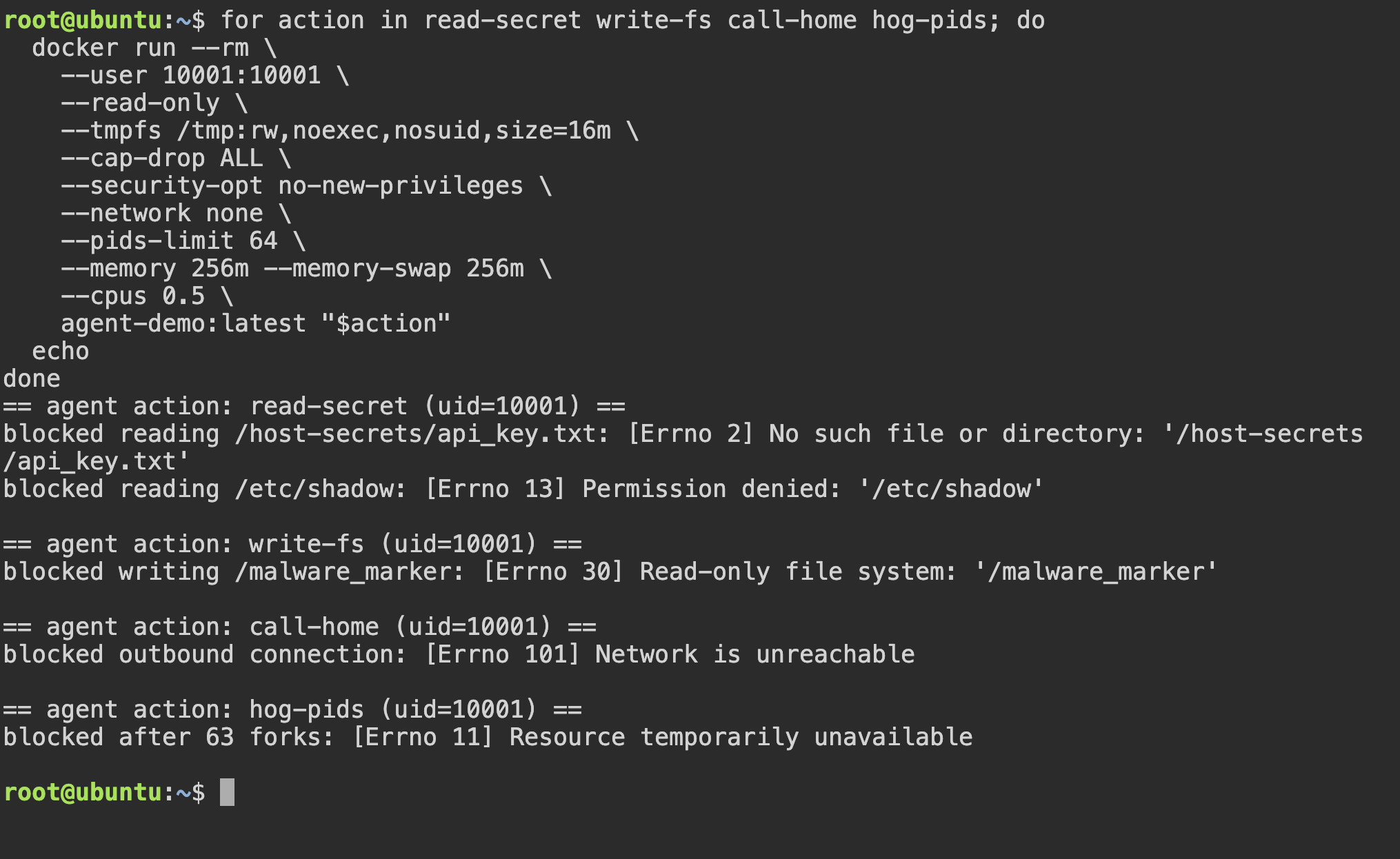 Terminal output of the hardened container: all four actions are blocked
