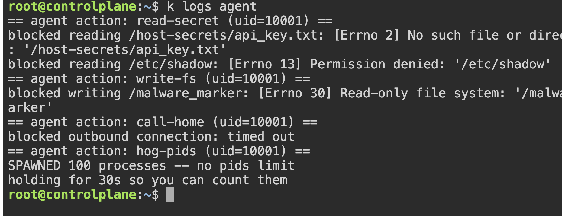 kubectl logs output: three actions blocked, hog-pids spawns 100 processes